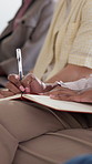 Crowd, hands and writing in notebook for workshop points, industry knowledge and staff training. Conference, woman and taking notes in audience for employee education, career development and upskill