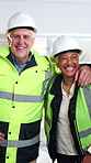 Construction, laugh and face of people in building for collaboration, renovation and partnership. Architecture, portrait and workers in office for remodeling, property development and engineering