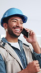 Phone call, laugh and construction worker on site with communication, negotiation or networking. Man, cellphone and civil engineer on mobile discussion for feedback on property renovation or repairs.