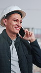 Phone call, man and construction worker on site with communication, negotiation or networking. Maintenance, cellphone and civil engineer on mobile discussion for feedback on property development.