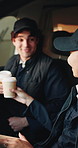 Coffee, cheers and team with people in delivery van for logistics, shipping success and package shipment. Collaboration, toast and courier with man and woman in vehicle for export, box and order