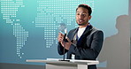 Happy, businessman or award speech on podium for achievement, reward presentation or milestone. Man, employee or speaker with trophy or pitch in seminar for thank you, congratulations or announcement