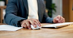 Businessman, hands and mouse with computer in office for research, company tasks or agenda. Man, employee or scrolling with technology for online browsing, email or network connection in workplace