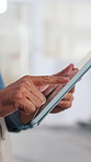 Tablet, man and hands of construction worker in office for research on maintenance, repairs or building. Digital technology, update and civil engineer with email feedback on property development.