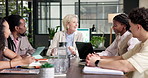 Boardroom, presentation and team with tech, smile and talking with colleagues or performance review. Happy, business people and collaboration with laptop, discussion and data analysis on website