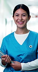 Face, woman and nurse with tablet, medical service and wellness with smile in hospital. Happy, healthcare professional and person with technology in clinic, about us and portrait with career pride 