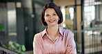 Face, business and woman in office with smile, career pride and real estate agent for about us. Portrait, mature person and realtor at agency with arms crossed, positive attitude and property auction