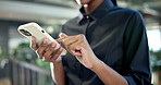 Scroll, online and hands with phone in office, texting or communication with contact on social media. Typing, message and person with mobile, internet search and network with technology in business