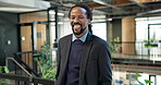 Face, business and black man in office with smile, career pride and real estate agent for about us. Portrait, male realtor or laugh at agency with job ambition, positive attitude and property auction