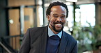 Face, corporate and black man in office with smile, career pride and real estate agent for about us. Portrait, male realtor and happy at company with ambition, positive attitude and property auction