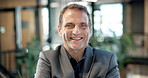Face, business and man in office with smile, career pride and real estate agent for about us. Portrait, mature person and realtor at agency with job ambition, positive attitude and property auction