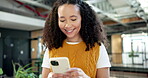 Laughing, text and woman in office with phone, online communication and comic post on chat app. Happy, digital and employee in agency with technology, funny message and business meme on social media.