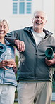 Face, senior and happy people with group for fitness, workout or outdoor exercise in retirement. Portrait, elderly or active community with smile for vitality, health or wellness together on property
