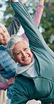 Senior, woman and class stretching at park for functional fitness, low impact exercise and health. Pensioner, happy people and warm up outdoor for active aging, physical movement and retirement club