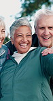 Retirement, friends and selfie at park, fitness and smile with instructor or photography on website. Outdoor, wellness and senior people with personal trainer, profile picture and happy for memory