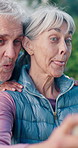 Retirement, fitness and selfie with friends, funny face and smile on workout break and photo on web. Outdoor, wellness and senior people with profile picture, silly and happy for memory in nature