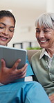 Happy, tablet and nurse with senior woman for consulting, healthcare review and medical checkup. Retirement, nursing home and caregiver with person on tech for results, assisted living and wellness