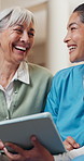 Laugh, tablet and nurse with senior woman for consulting, healthcare review and medical checkup. Happy, nursing home and caregiver with person on tech for results, assisted living and wellness