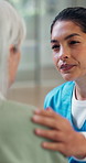 Empathy, nurse and old person in home with support, comfort or understanding for medical diagnosis. Healthcare, patient or caregiver with shoulder touch, comforting or sympathy for evaluation results
