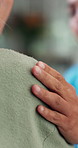 Empathy, nurse or old woman in home with support, comfort or understanding for medical diagnosis. Health, senior patient or caregiver with shoulder touch, consoling or sympathy for evaluation results