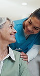 Happy, shoulder and nurse with senior woman for support, care and checkup for assisted living. Healthcare, retirement and caregiver with elderly person on sofa for wellness, trust and comfort in home