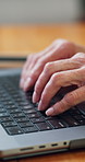Hands, woman and typing in office with laptop, research and editing article for submission. Business, mature person or email in workplace with pc, copywriting report and proofreading summary of story