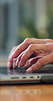 Hands, business and woman in office with laptop, research and editing article for submission. Mature person, typing or email in workplace with pc, copywriting report and proofreading summary of story