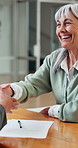 Handshake, paperwork and signature of senior woman for agreement, contract or estate beneficiary. Happy, lawyer or legal document of old person for assets, shaking hands and writing testament or will