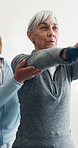 Breathe, old woman or dumbbell exercise for physio, mobility improvement or functional screening. Clinic, worker or happy senior with weights, physical therapy or fitness assistance in rehabilitation