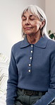 Breathing, relax and senior woman in home for peace, smile and mindfulness with stress relief in morning. Wellness, happy and female person with self care in bedroom, health and calm in retirement