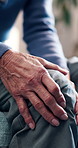 Hands, knee pain and senior person with arthritis, osteoporosis or joint inflammation in home. Retirement, leg injury and woman with fibromyalgia, rheumatism ache and massage with medical discomfort