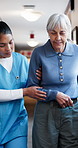 Nurse, help and walk with old woman for physiotherapy, rehabilitation and recovery support. Retirement, medical worker and assistance for physical therapy, balance guide and gait training in clinic