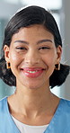 Face, woman and happy nurse in clinic for healthcare service, career integrity and about us. Portrait, medical worker and female person with smile, confidence and values with flare in hospital