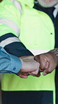 Engineer, team and hands with fist bump for collaboration, project success and building achievement. People, celebration and engineering group with partnership for construction, milestone and goals.