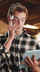 Carpentry, stress and tablet with man in workshop for online order delay or schedule conflict. Anxiety, app and checklist with person in woodworking factory for backlog, error or supplier mistake