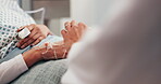Medical, doctor or person in hospital bed with holding hands, comfort or empathy for health results. Wellness, patient or surgeon with support, understanding or sympathy for evaluation diagnosis.
