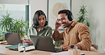 Headphones, laptop and business people in office with positive feedback on finance report. Tech, coworking and financial manager with advisor on computer for review on investment plan with music.