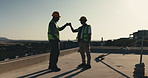 Team, men or fist bump on rooftop for construction progress, structural deck goal or job well done. Site foreman, mason or celebration for complete roof slab, topping out or building concrete finish