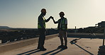 Team, people or fist bump on rooftop for construction progress, structural deck goal or development. Site foreman, mason or celebration for complete roof slab, topping out or building concrete finish