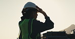 Planning, hardhat and construction worker on site for inspection of building, repairs or renovation. Helmet, woman and civil engineer with idea for property development or remodeling outdoor by flare