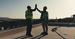 Team, men or high five on rooftop for construction progress, structural milestone or job well done. Site foreman, mason or celebration for subfloor completion, topping out or building concrete finish