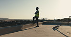 Thinking, construction and man on rooftop for planning, property development and project. Architecture, civil engineering and person with helmet, ideas and outdoor for infrastructure expansion