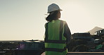 Thinking, hardhat and construction worker on site for building, repairs or renovation inspection. Helmet, woman and back of civil engineer planning or ideas for property development or remodeling.