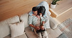 Love, couple or hug with laptop on sofa for wfh support, marriage bonding or pride for freelancing. Above, happy people and embrace on tech in home for remote work, connection or healthy relationship
