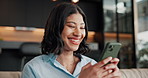 Laugh, happy and woman with phone on sofa for social media, connection and funny conversation. Relax, home and person on cellphone for internet, website and mobile app for chat, meme and online joke