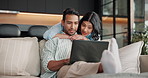 Laptop, connection and couple on sofa in home with bonding, hug and affection in marriage together. Happy, computer and woman embracing man in living room for support in relationship in apartment.