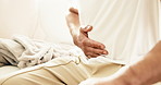 Hands, person and stomach ache in home, pain or uncomfortable with irritable bowel syndrome. Sick, abdomen  inflammation or man with constipation, gas bloating or diarrhea problem with food poisoning
