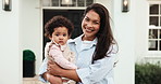 Face, mother and baby at house with smile, connection and nurturing daughter for bonding together. Portrait, woman and affection outdoor with infant, newest member and parental care for weekend break