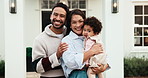 Face, parents and happy at house with baby, connection and nurturing daughter for bonding together. Portrait, people and affection outdoor with infant, newest member and parenthood for weekend break
