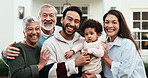 Face, family and baby at house with smile, connection and visit grandchild for bonding together. Portrait, parents or grandparents outdoor with infant, newest member and generations for weekend break